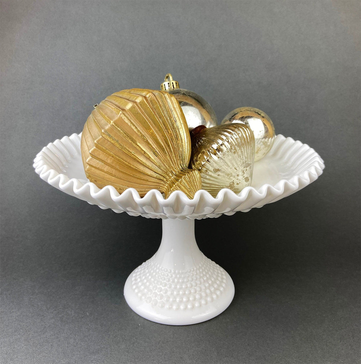 Milk Glass Hobnail Footed Bowl, Ruffled Edge Serving Dish