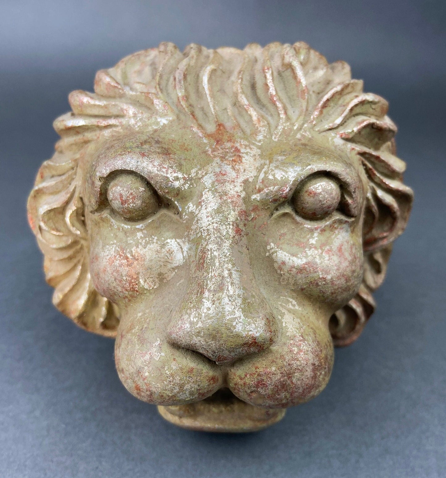 Distressed Gold and Silver Lion Head Sculpture, Office Decor