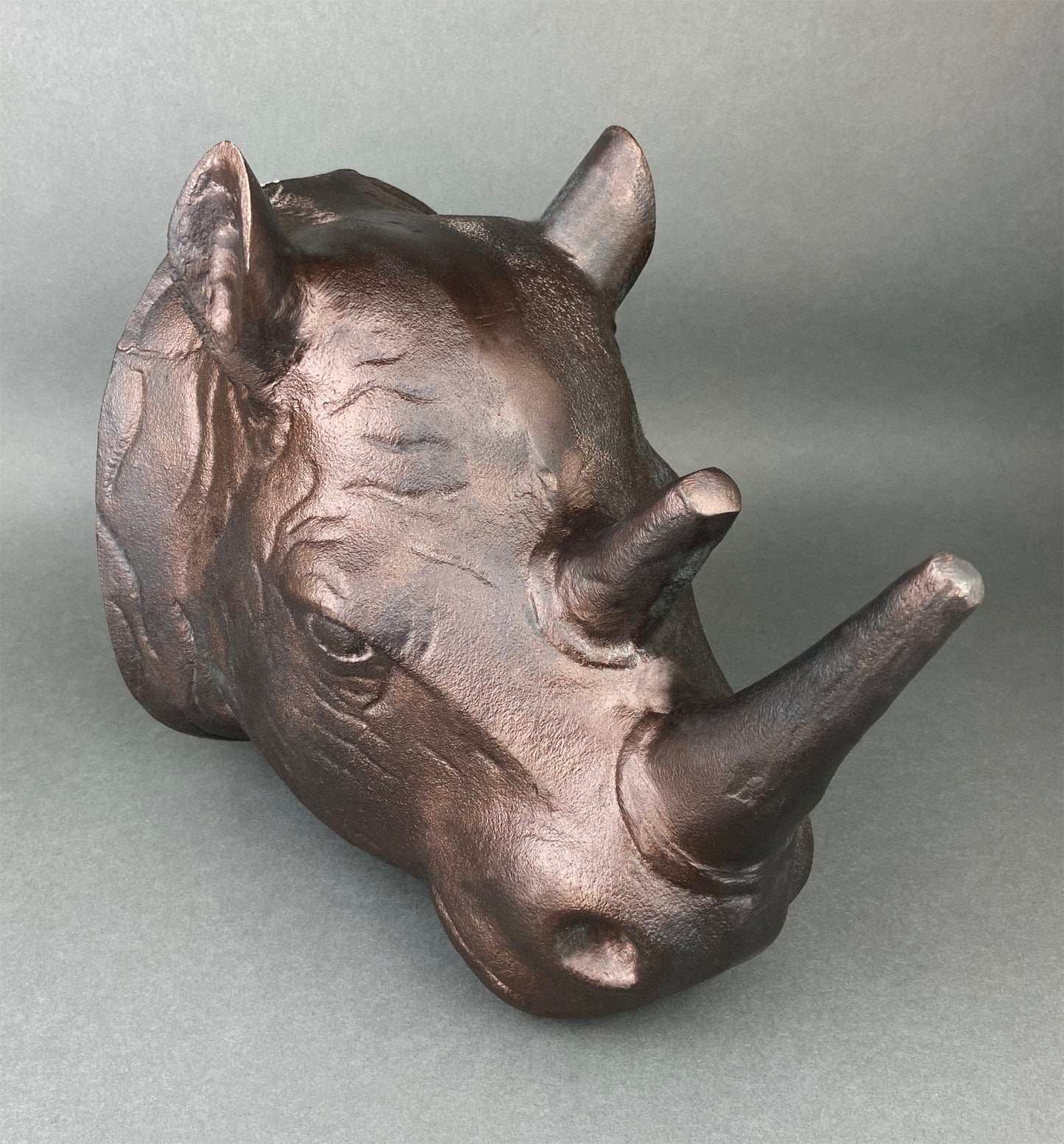 Distressed Bronze Rhino Head Wall Hanging, Safari Decor