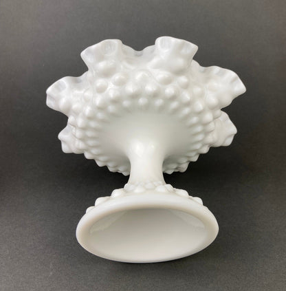 Milk Glass Candy Dish with Ruffled Edge. Vintage, Hobnail Trinket Dish. White Footed Bowl. Fine Tableware.