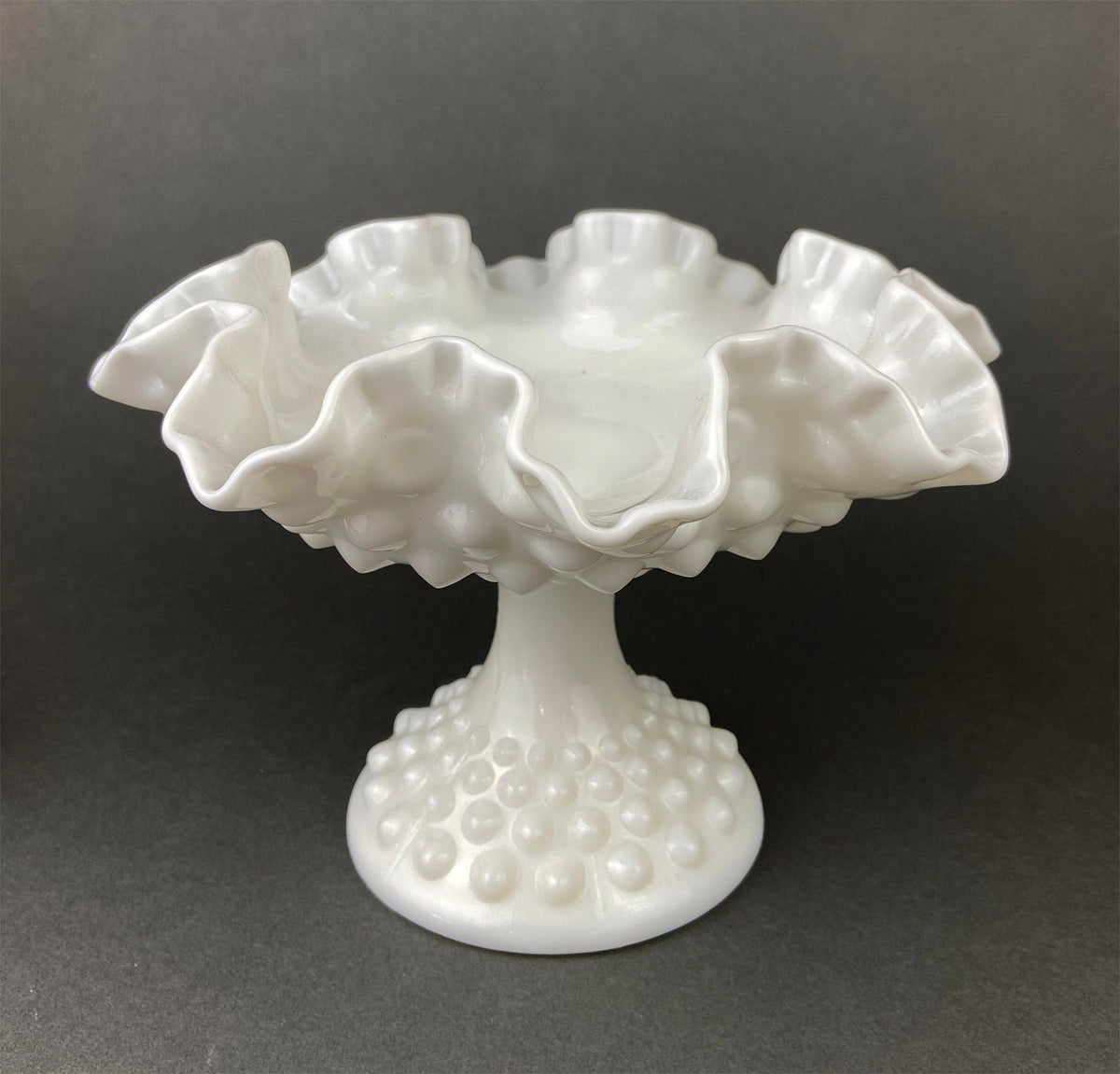 Milk Glass Candy Dish with Ruffled Edge. Vintage, Hobnail Trinket Dish. White Footed Bowl. Fine Tableware.