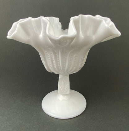 Vintage Milk Glass Candy Dish, Ruffled Edge Footed Bowl