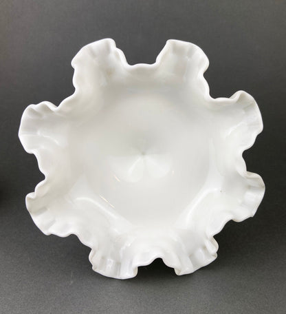 Vintage Milk Glass Candy Dish, Ruffled Edge Footed Bowl