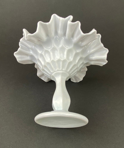 Vintage Milk Glass Candy Dish, Ruffled Edge Footed Bowl