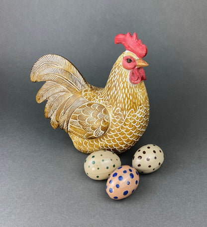 Set of 2 Wooden Hand Carved Rooster Figurines. Wood with Fabric Inlays & Gold Lines. Modern Farmhouse. Fall Decor. Table Centerpiece. Ethnic