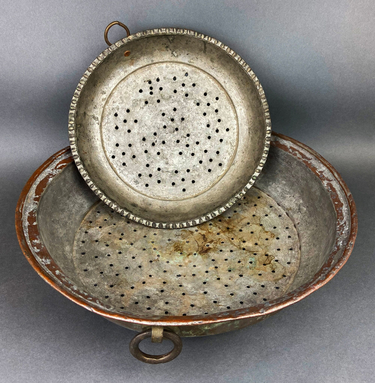 Antique Extra Large Sieves. Rustic Hand Hammered Home Decoration. Set of Two, Large, Primitive Hand Pounded Strainers