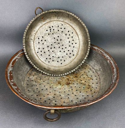 Antique Extra Large Sieves. Rustic Hand Hammered Home Decoration. Set of Two, Large, Primitive Hand Pounded Strainers