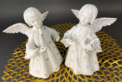 Angel Candle Stick Holders by Schmid Brothers. Set of Two Porcelain Angels Playing Harp. Made in Japan.