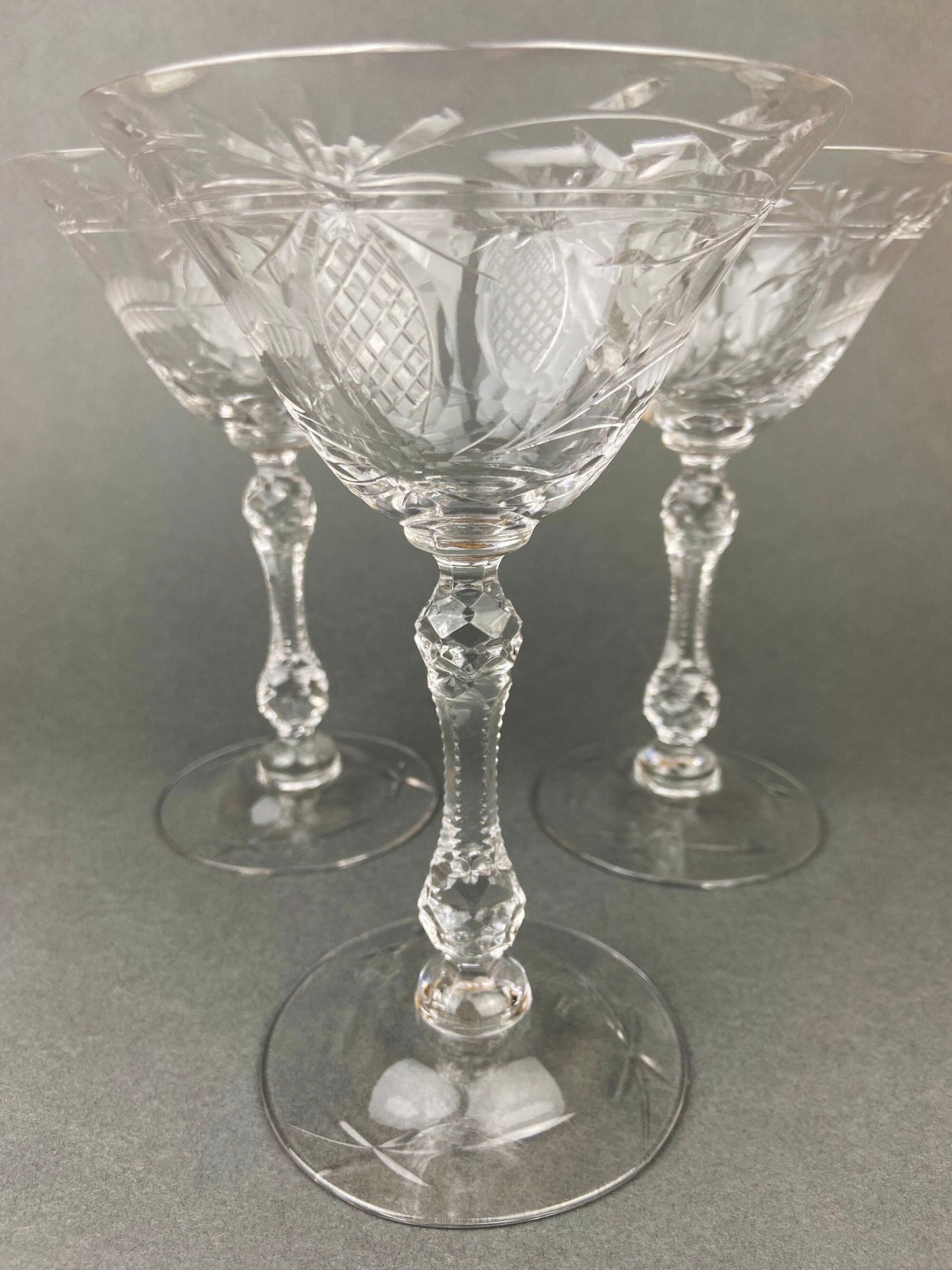 Vintage Cut Crystal Champagne Glasses, Fine Stemware, Daisy Motif, Set of 9