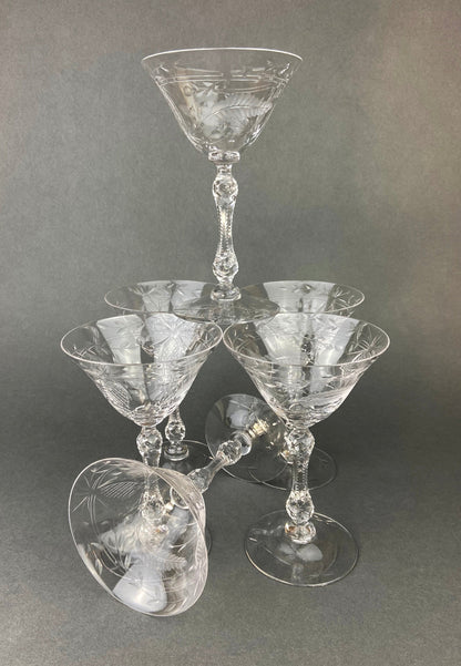 Vintage Cut Crystal Champagne Glasses, Fine Stemware, Daisy Motif, Set of 9