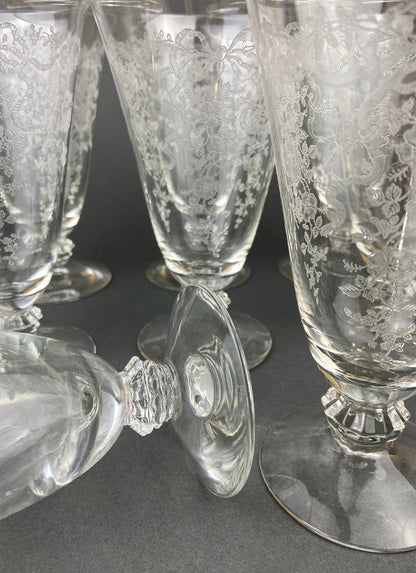 Fostoria Ice Tea Footed Tumblers. Etched Woodland Pattern. Vintage Fostoria Crystal Glasses. Set of 7 Stemware. Collectible Glass.