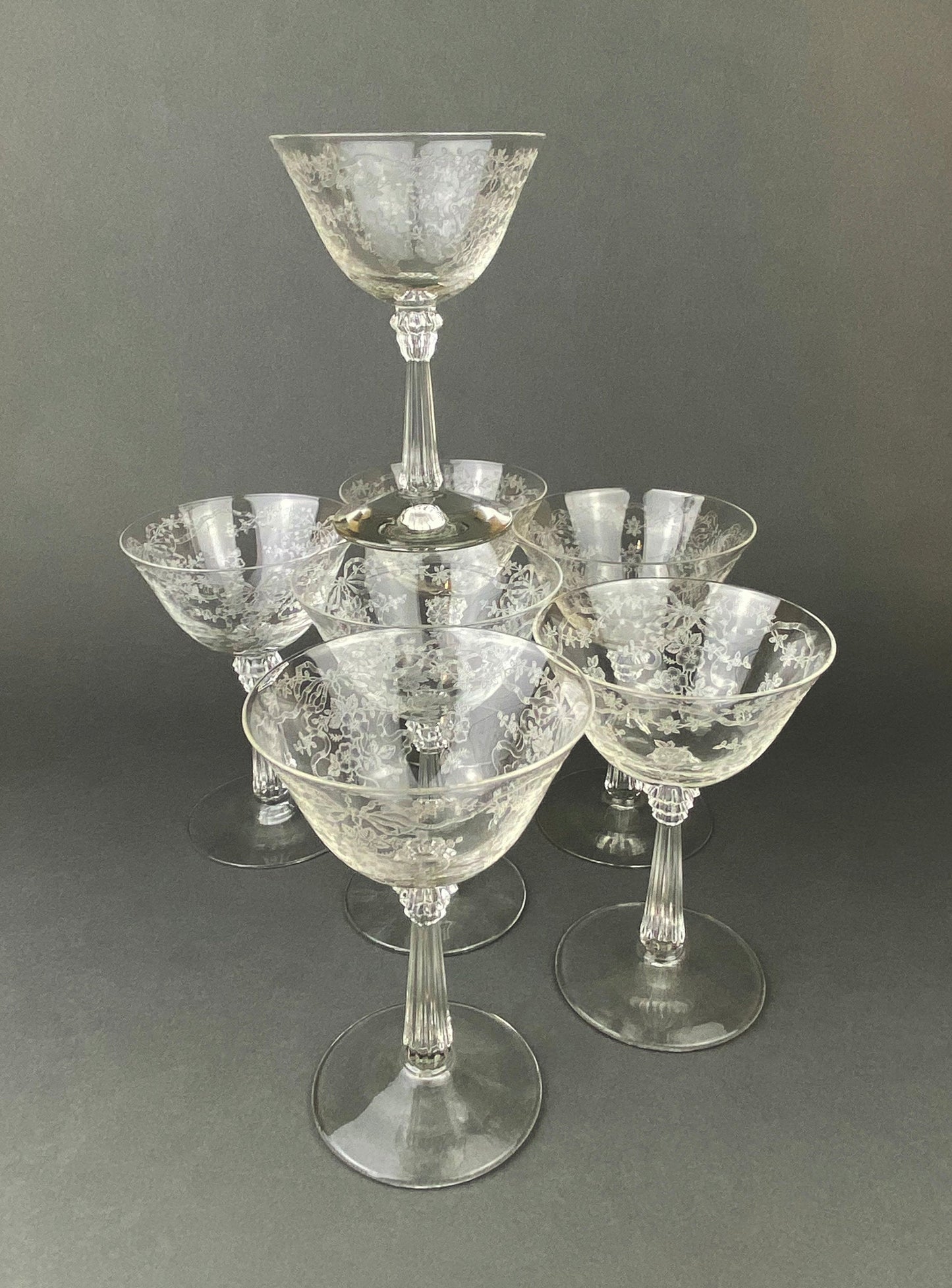 Vintage Fostoria Champagne Glasses, Set of 6 Etched Crystal Stemware