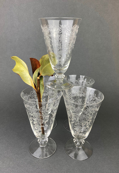 Fostoria Ice Tea Footed Tumblers. Etched Woodland Pattern. Vintage Fostoria Crystal Glasses. Set of 7 Stemware. Collectible Glass.