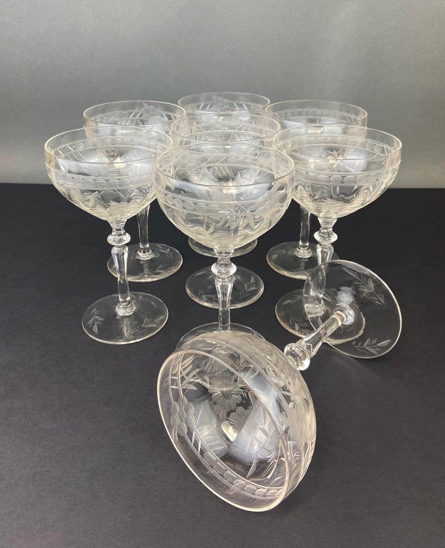 Vintage Cut Crystal Champagne Glasses, Fine Stemware, Daisy Motif, Set of 9