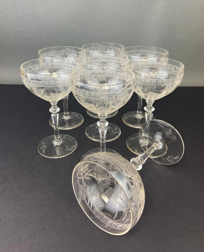 Vintage Cut Crystal Champagne Glasses, Fine Stemware, Daisy Motif, Set of 9