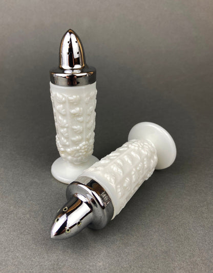 Milk Glass Salt and Pepper Shakers in Grape Vine Motif