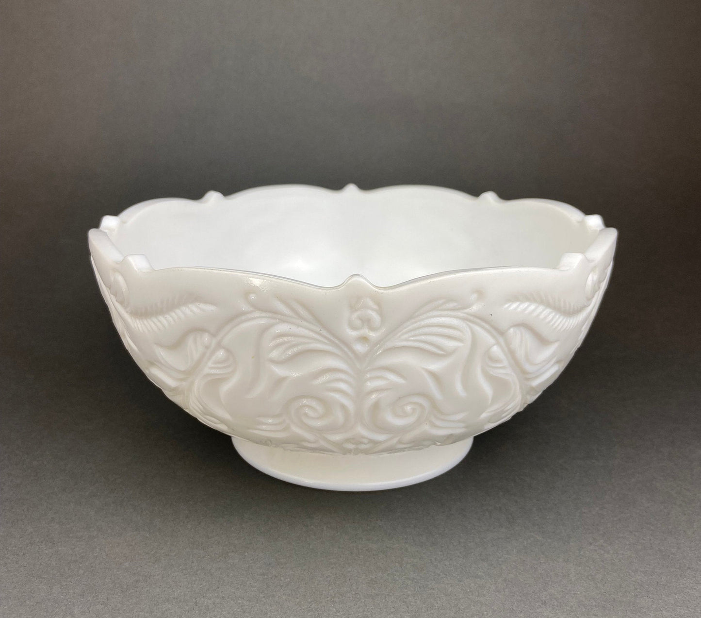 Vintage Milk Glass Bowl and Butter Dish, Waffle Pattern, Scalloped Edge