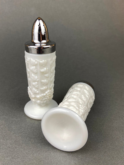 Milk Glass Salt and Pepper Shakers in Grape Vine Motif