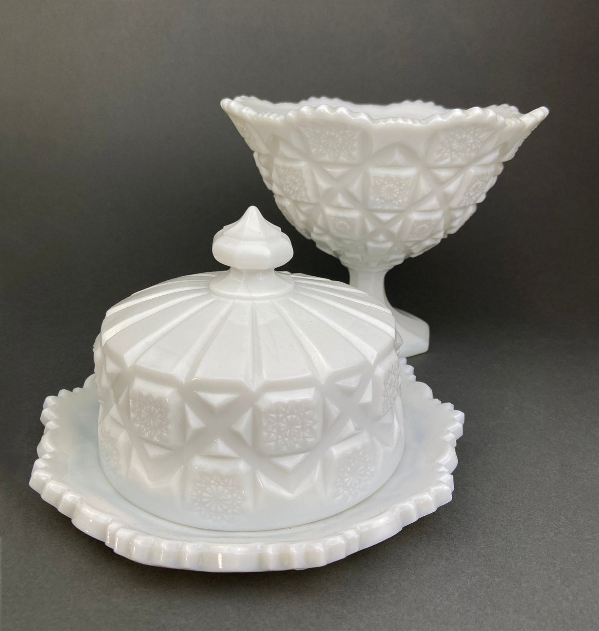 Vintage Milk Glass Bowl and Butter Dish, Waffle Pattern, Scalloped Edge