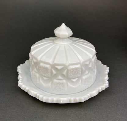 Vintage Milk Glass Bowl and Butter Dish, Waffle Pattern, Scalloped Edge