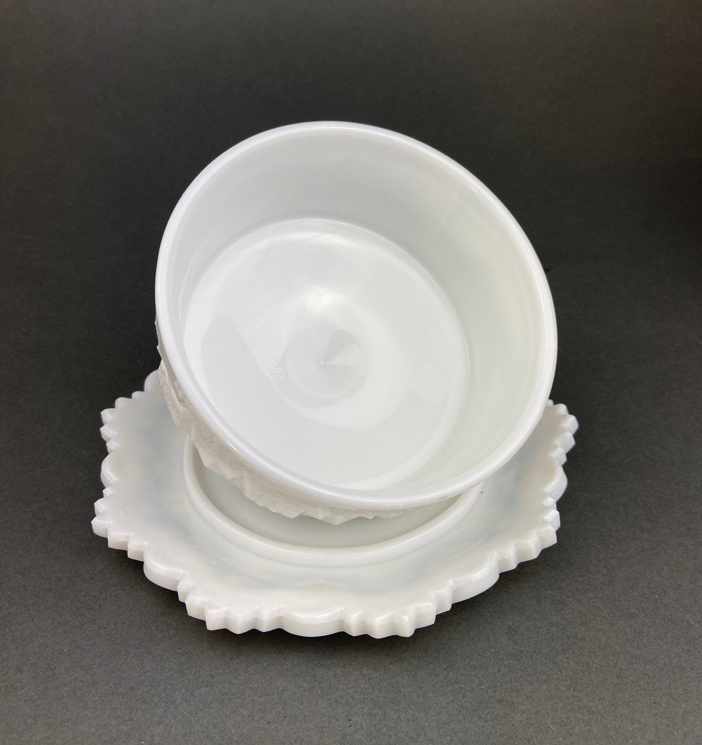 Vintage Milk Glass Bowl and Butter Dish, Waffle Pattern, Scalloped Edge