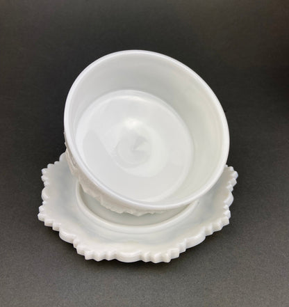 Vintage Milk Glass Bowl and Butter Dish, Waffle Pattern, Scalloped Edge