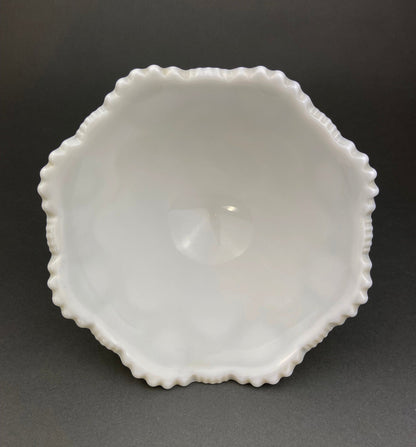 Vintage Milk Glass Bowl and Butter Dish, Waffle Pattern, Scalloped Edge