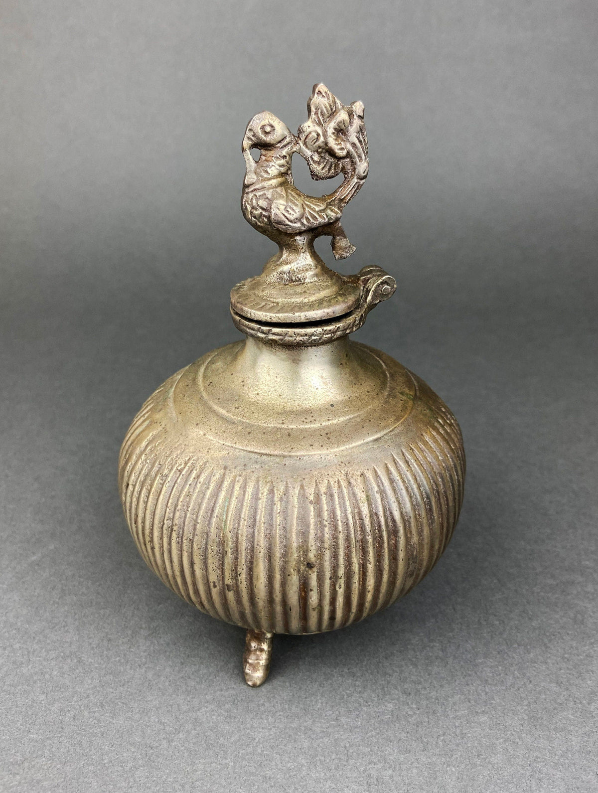 Vintage Indian Metal Vase with Peacock Lid, Collectible Art