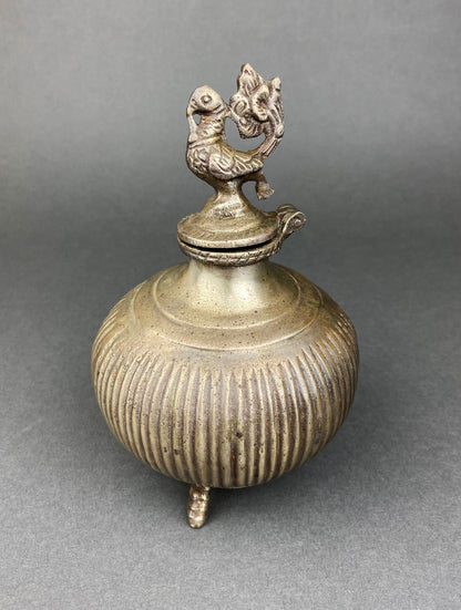 Vintage Indian Metal Vase with Peacock Lid, Collectible Art