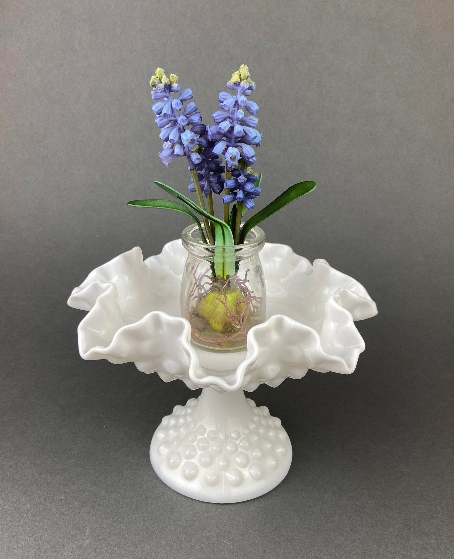 Milk Glass Candy Dish with Ruffled Edge. Vintage, Hobnail Trinket Dish. White Footed Bowl. Fine Tableware.