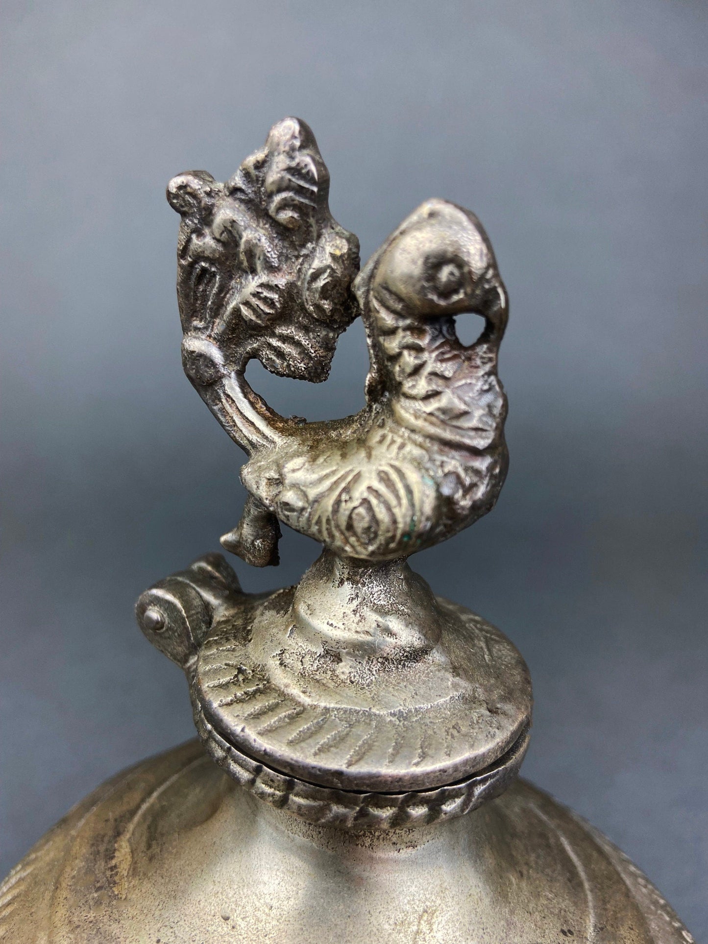 Vintage Indian Metal Vase with Peacock Lid, Collectible Art