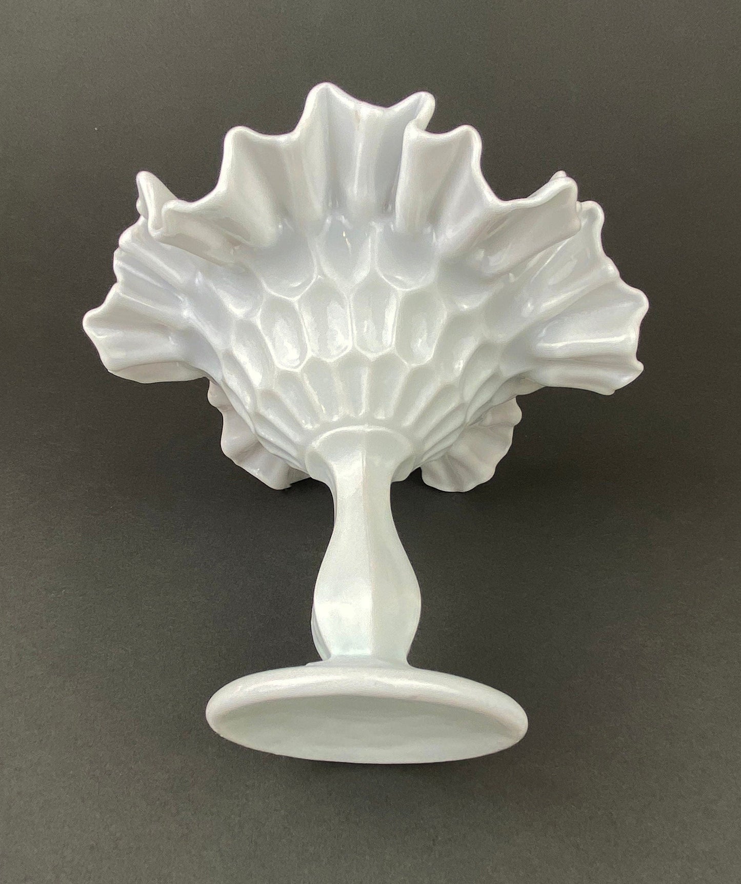 Milk Glass Candy Dish with Ruffled Edge. Vintage, Hobnail Trinket Dish. White Footed Bowl. Fine Tableware.