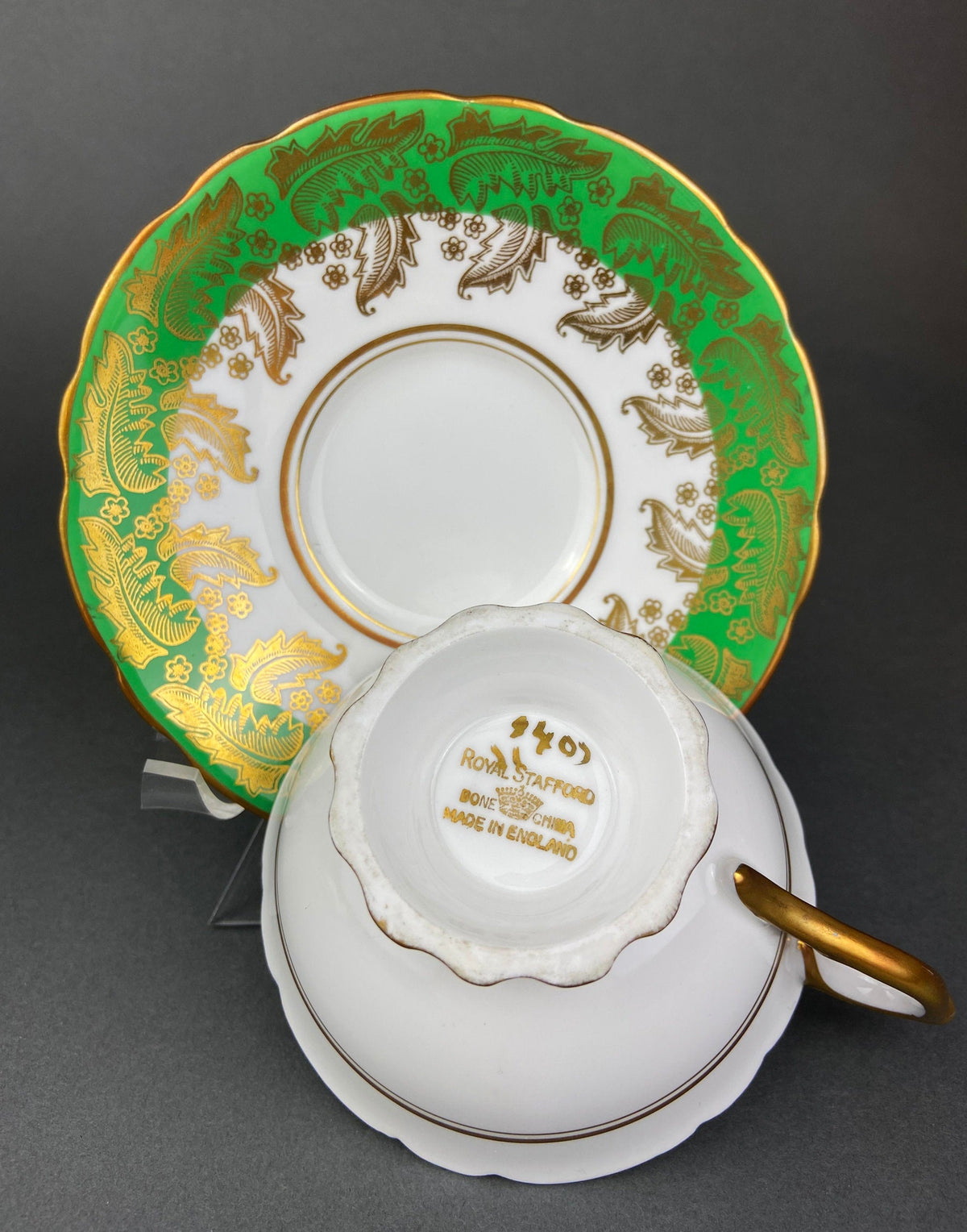 Vintage Royal Stafford Tea Cup and Saucer, Green Gold Filigree, Made in England