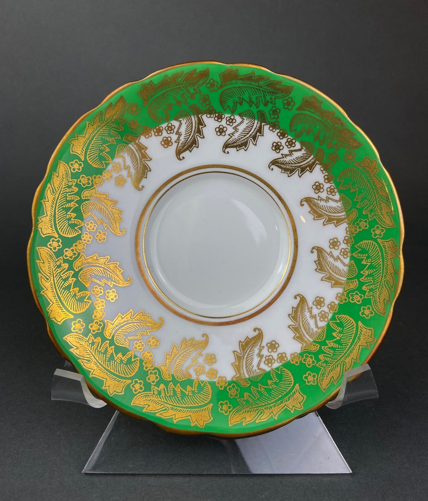 Vintage Royal Stafford Tea Cup and Saucer, Green Gold Filigree, Made in England