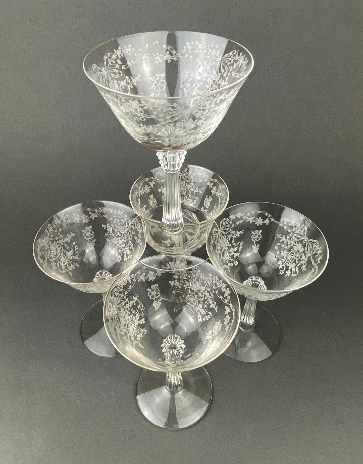 Vintage Fostoria Champagne Glasses, Set of 6 Etched Crystal Stemware