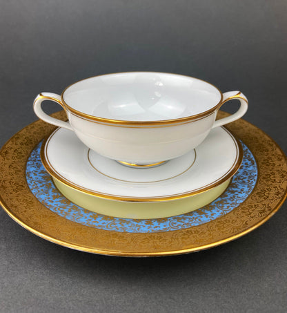 Antique Porcelain Bullion Bowls with Matching Square, 8.5" Dinner Plates. Set of 6. Flower Garlands, Sylvia by F&B Baronet China, Bohemia.