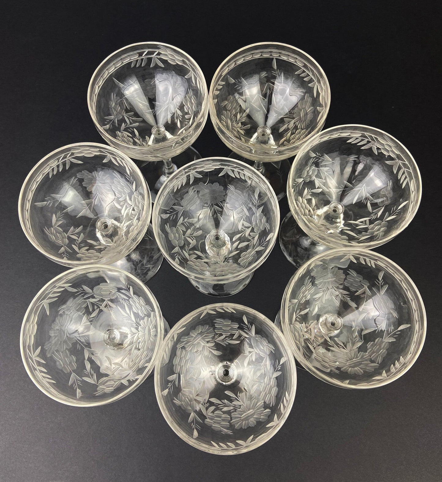 Vintage Cut Crystal Champagne Glasses, Fine Stemware, Daisy Motif, Set of 9