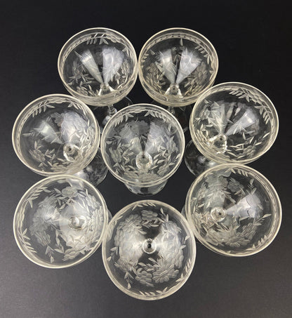 Vintage Cut Crystal Champagne Glasses, Fine Stemware, Daisy Motif, Set of 9