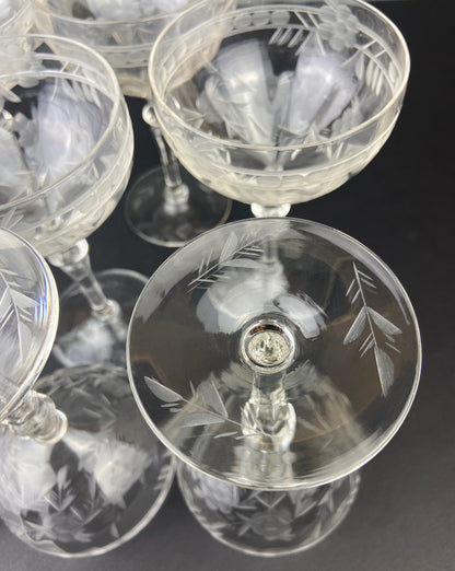 Vintage Cut Crystal Champagne Glasses, Fine Stemware, Daisy Motif, Set of 9