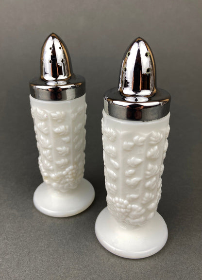 Milk Glass Salt and Pepper Shakers in Grape Vine Motif