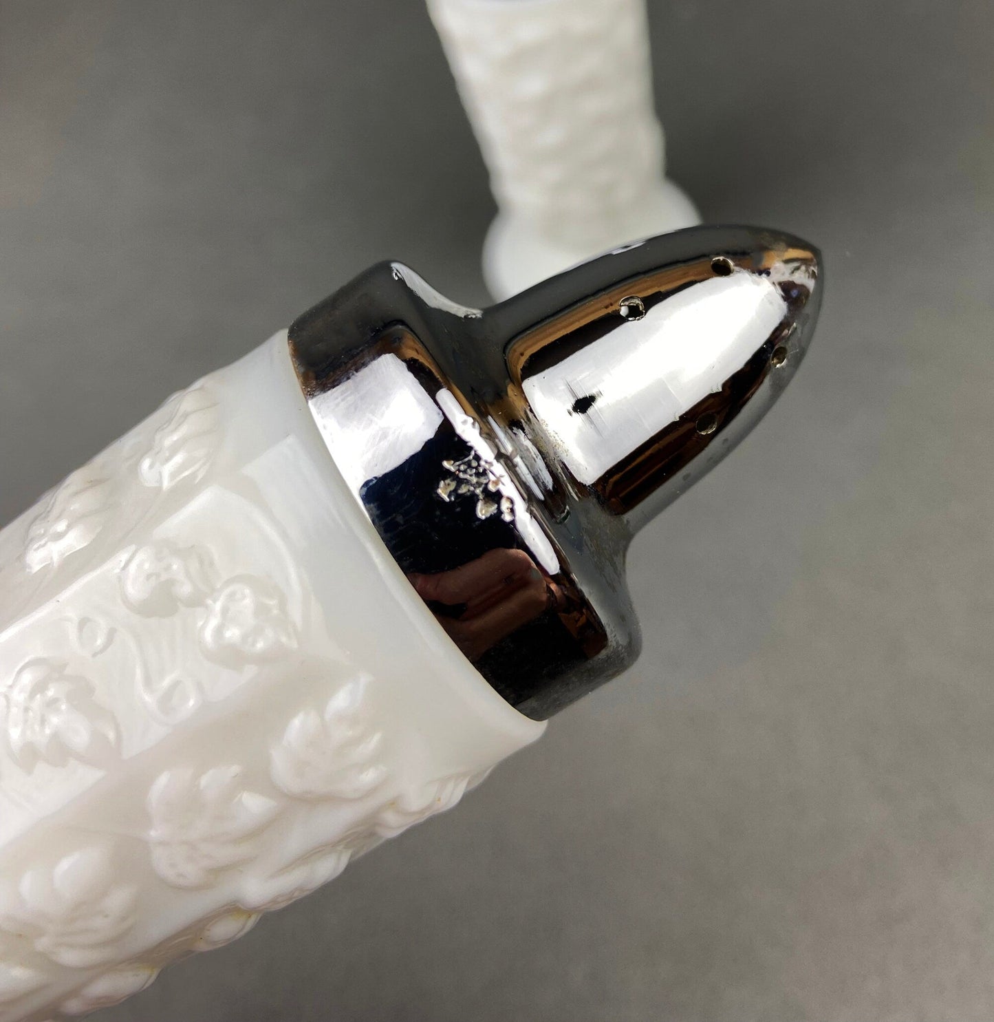 Milk Glass Salt and Pepper Shakers in Grape Vine Motif