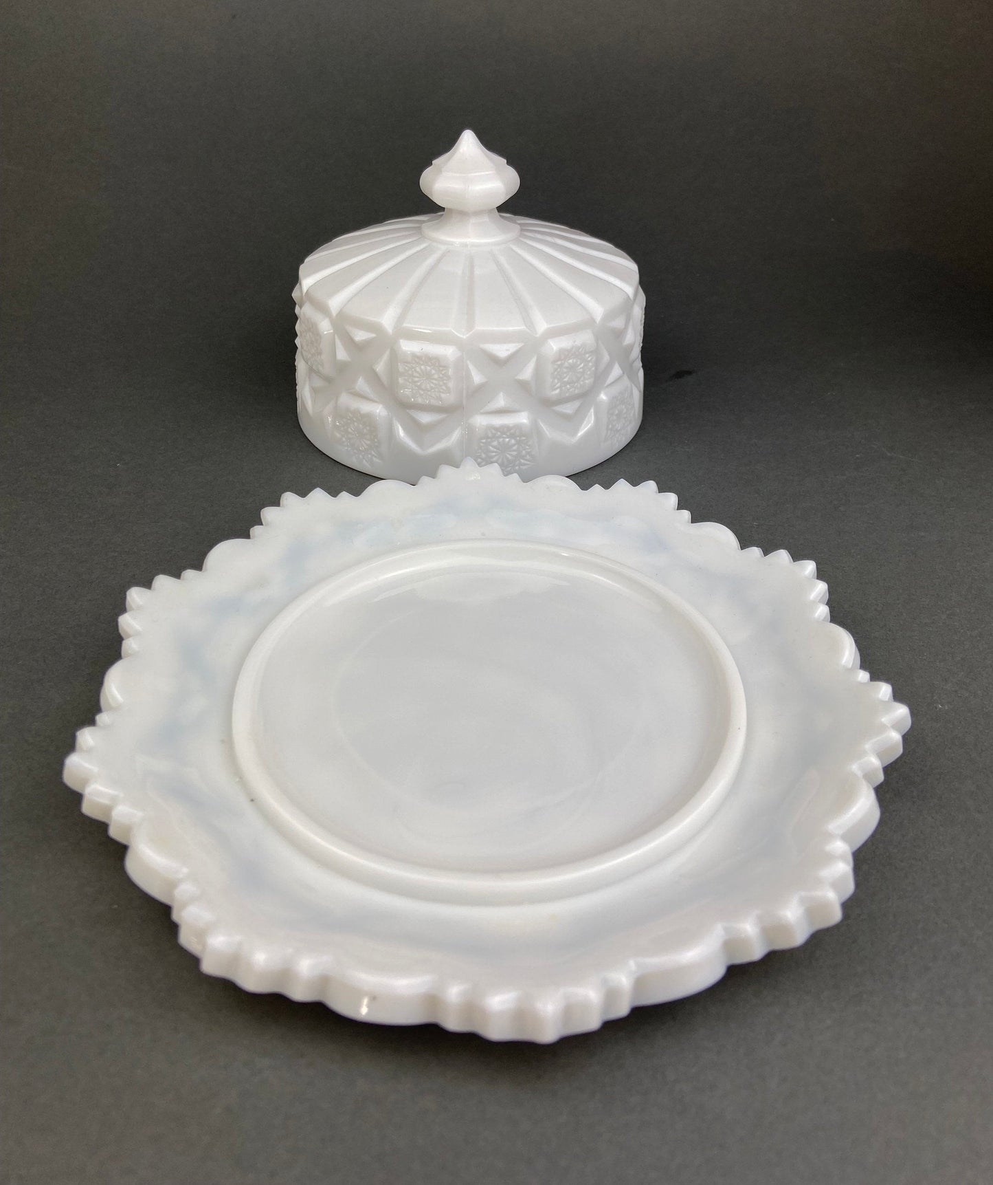 Vintage Milk Glass Bowl and Butter Dish, Waffle Pattern, Scalloped Edge