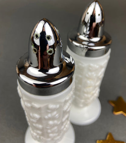 Milk Glass Salt and Pepper Shakers in Grape Vine Motif