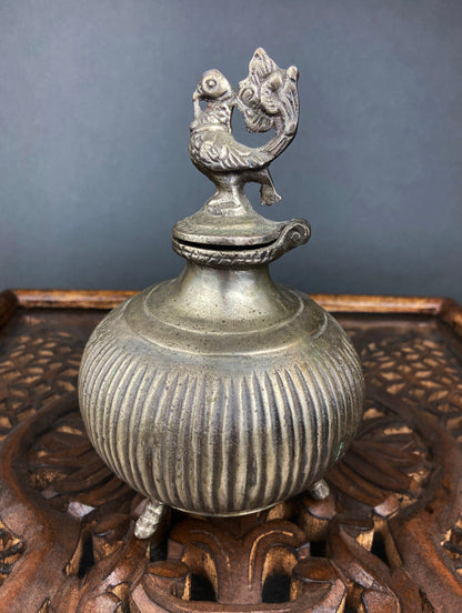 Vintage Indian Metal Vase with Peacock Lid, Collectible Art