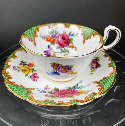 Vintage Aynsley Creamer and Sugar Bowl.  Blue and Gold, with Hand Painted Bouquet of Flowers. Fine Bone China.