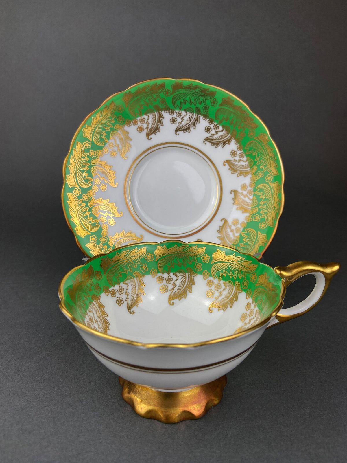 Vintage Royal Stafford Tea Cup and Saucer, Green Gold Filigree, Made in England