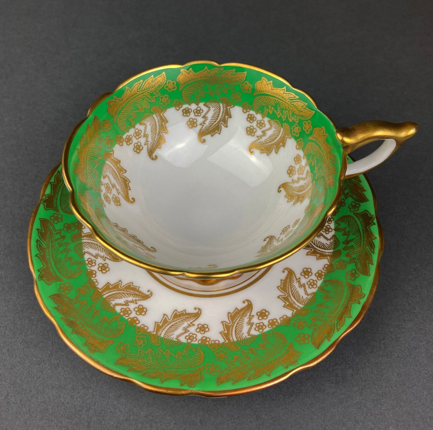 Vintage Royal Stafford Tea Cup and Saucer, Green Gold Filigree, Made in England