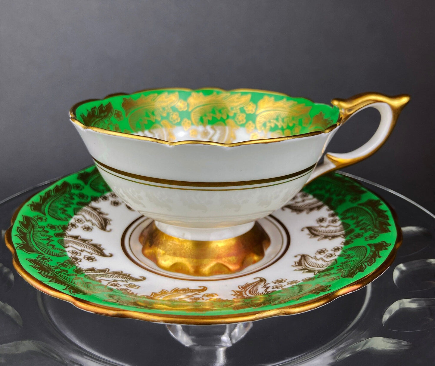 Vintage Royal Stafford Tea Cup and Saucer, Green Gold Filigree, Made in England