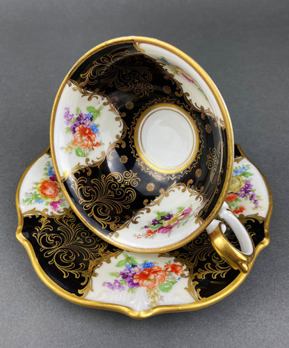 Antique Lefton Black and Gold Tea Cup and Saucer. Hand Painted Rose Motif. Dining Room Decor. Gift for Him or Her. Collectible Porcelain.