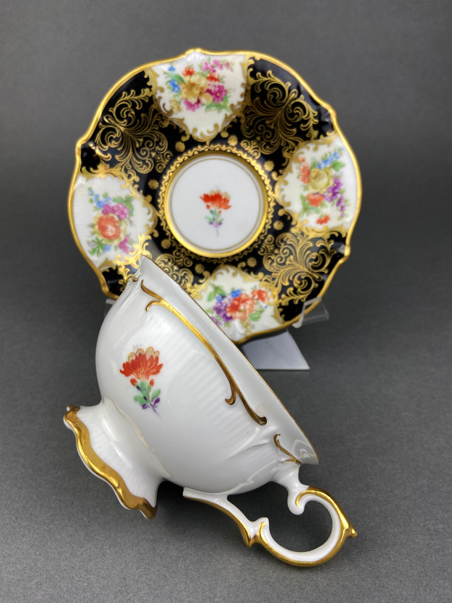 Antique Lefton Black and Gold Tea Cup and Saucer. Hand Painted Rose Motif. Dining Room Decor. Gift for Him or Her. Collectible Porcelain.